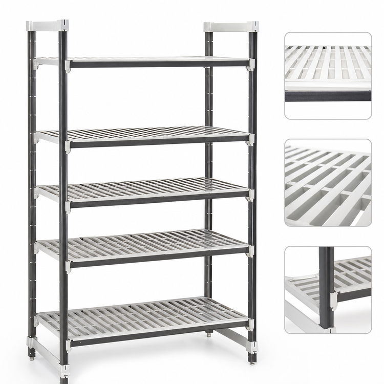 Product image #3 for Cambro Camshelving Elements XTRA 5-Tier Stationary Starter Unit, 24" W x 18" D x 72" H, Vented, Speckled Gray
