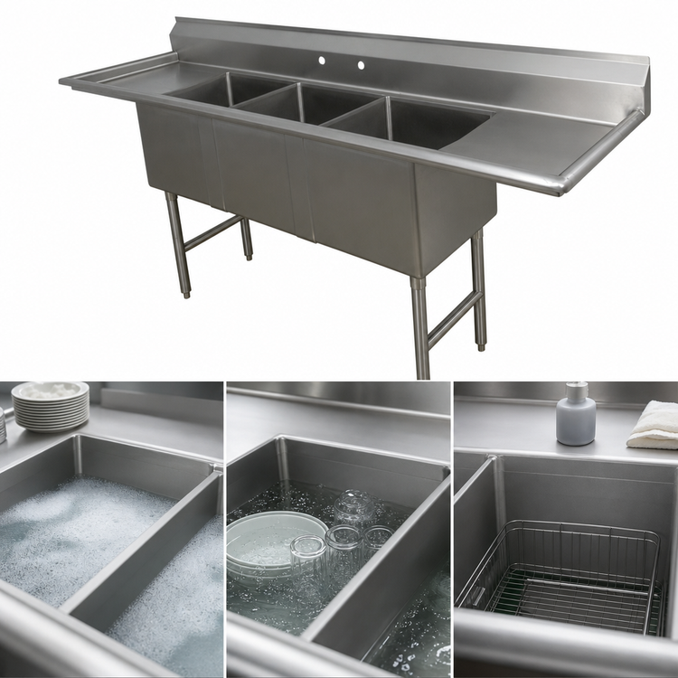 Product image #3 for Advance Tabco 3-Compartment Fabricated Sink with Left and Right Drainboards, 304 Stainless Steel