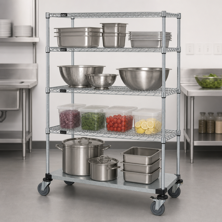 Product image #3 for Quantum 48" x 18" x 69" Mobile Wire Shelving Cart with 4 Shelves, Chrome Plated Finish