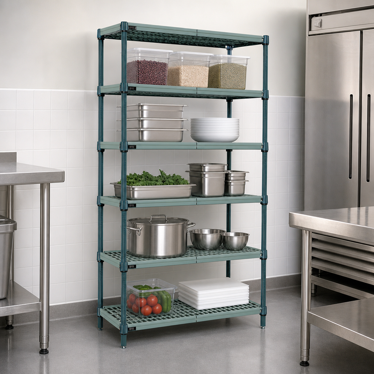 Product image #3 for Quantum 5-Tier Stationary Wire Plastic Mat Shelving Unit, 54 x 18 x 74 Inches, Green Epoxy