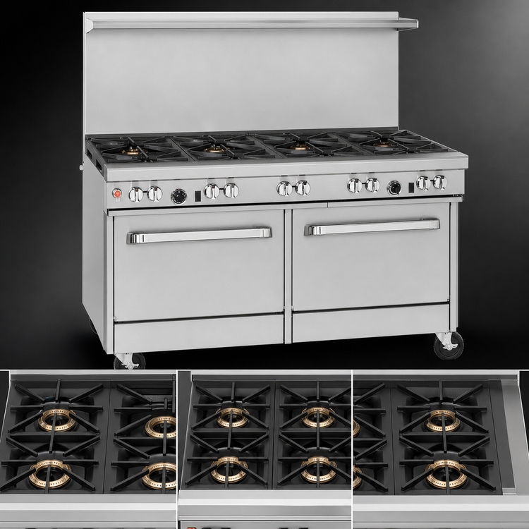 Product image #3 for Ultimate 60-Inch Commercial Gas Restaurant Range with 9 Open Burners, 2 Cabinets, and Hi-Shelf Backriser