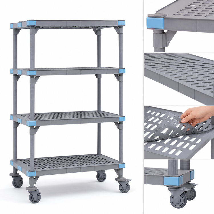 Product image #3 for Millenia Mobile Polymer Shelving Starter Unit with 4 Open Grid Shelves, 54 x 24 x 62 Inches