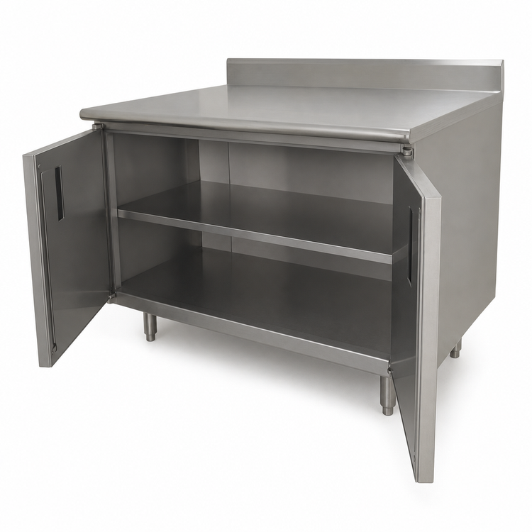 Product image #3 for Advance Tabco 84-Inch x 24-Inch Enclosed Work Table with Cabinet Base, Mid-Shelf, Hinged Doors, 14-Gauge 304 Stainless Steel Top, and 5-Inch Backsplash