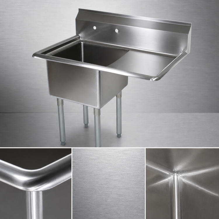 Product image #3 for John Boos E-Series 1-Compartment Sink with Right Drainboard, 16 x 20 x 12 Bowl, 18-Gauge Stainless Steel
