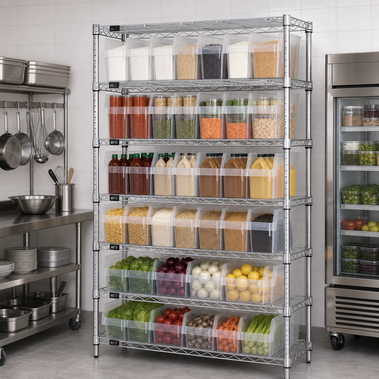 Product image #3 for Quantum 36" x 24" x 74" Chrome Plated Bin Wire Shelving System with 8 Shelves and Clear Bins