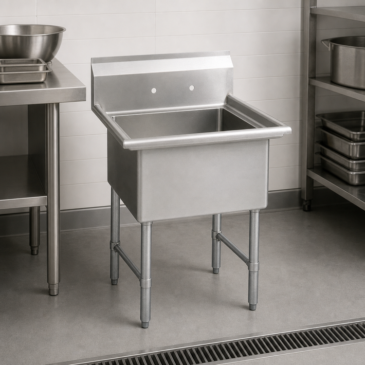 Product image #3 for BK Resources One Compartment Stainless Steel Compartment Sink with Legs, 24 x 24 x 14 Inch Bowl, 9 Inch Backsplash, No Drainboards