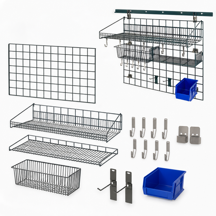 Product image #3 for Quantum Store Grid Standard-Duty Wall-Mounted Storage Starter Kit with Shelf, Basket, and Bin Holder