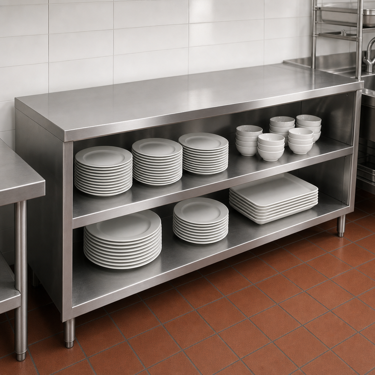 Product image #3 for John Boos 72-Inch Open Front Dish Cabinet with Stainless Steel Top, Open Base, and Mid-Shelf