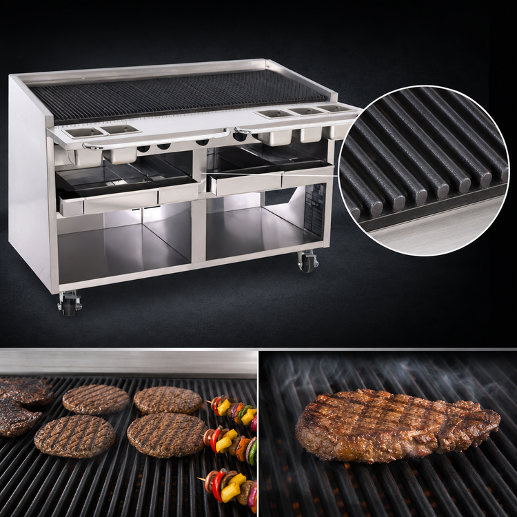 Product image #3 for Bakers Pride Dante Series 60-Inch Floor Model Gas Radiant Charbroiler with Round Rod Grate and Open Cabinet Base