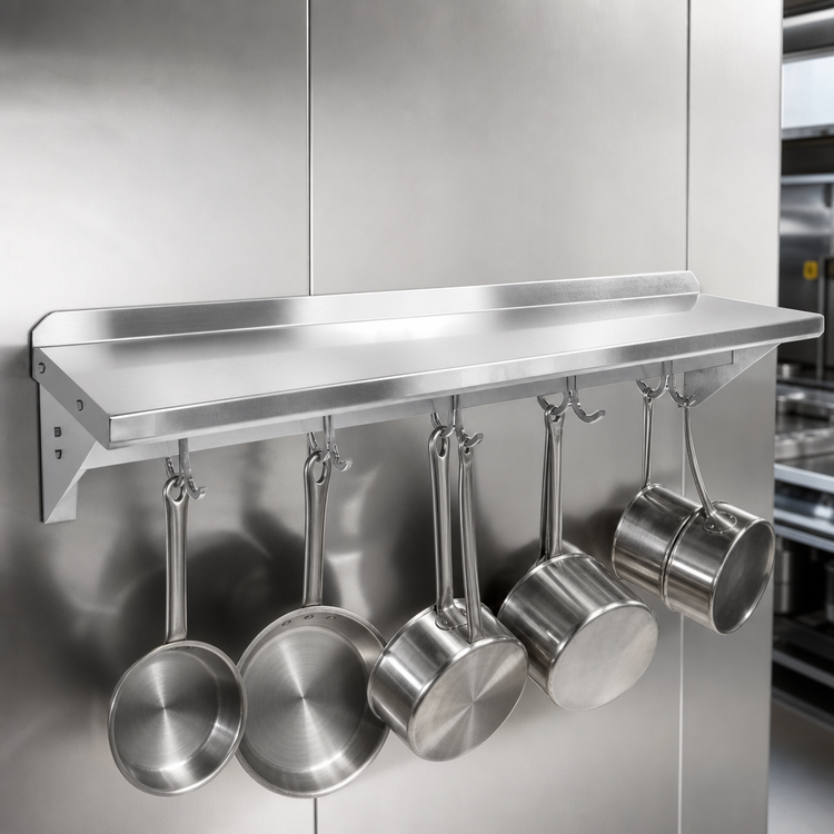 Product image #3 for John Boos Stallion 84-Inch Wall-Mounted Stainless Steel Shelf With Pot Rack, 16-Inch Deep, 16-Gauge
