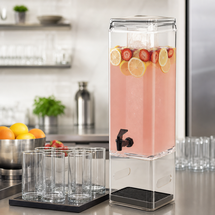 Product image #3 for Countertop Square Clear Acrylic Beverage Dispenser with Ice Chamber and Drip Tray, 5 Gallon