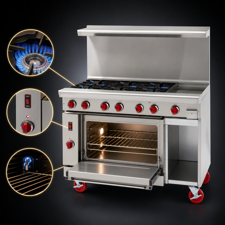 Product image #3 for American Range 48-Inch Green Flame Commercial Gas Range with 36-Inch Griddle, 2 Open Burners, Standard Oven, and Storage Base