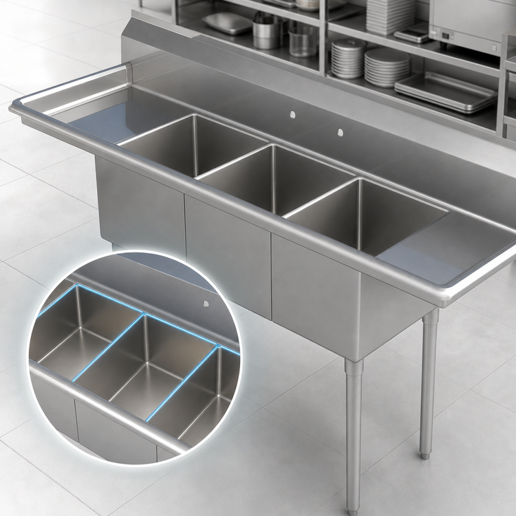 Product image #3 for Sapphire Manufacturing 120-Inch 3-Compartment Stainless Steel Sink with Dual Drainboards