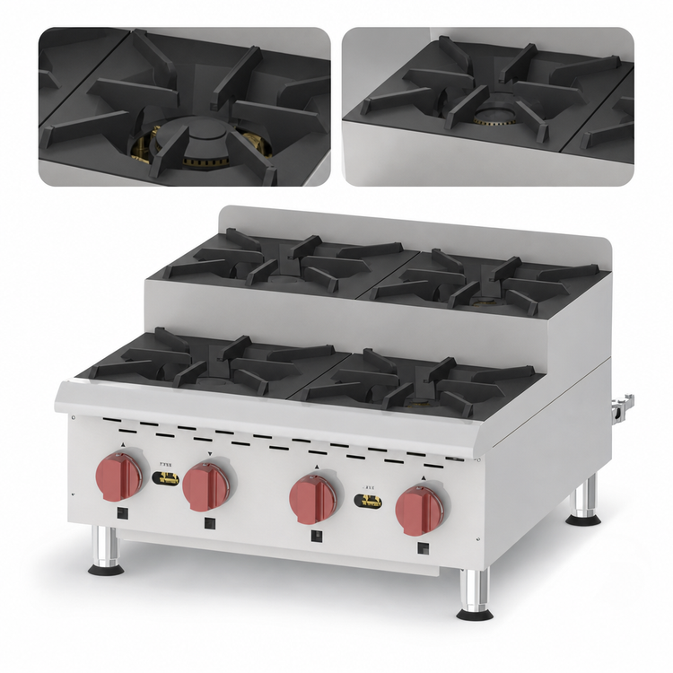 Product image #3 for Omcan USA Countertop Natural Gas Commercial Hot Plate with 2 Open Burners and 2 Step-Up Burners, 26.7 Inches Wide