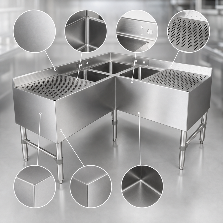 Product image #3 for John Boos 3-Compartment Slim-Line Underbar Corner Sink Unit with Dual Drainboards, 48 x 18 x 32-1/2 Inches