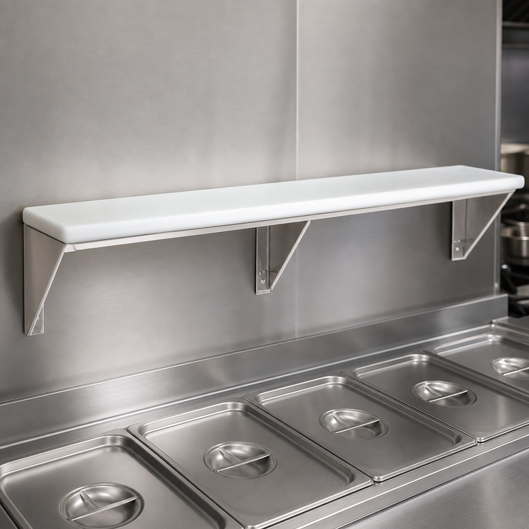 Product image #3 for 77-3/4-Inch Stainless Steel Carving Station Shelf with Removable White Poly Cutting Board for 5-Well Hot and Cold Food Units