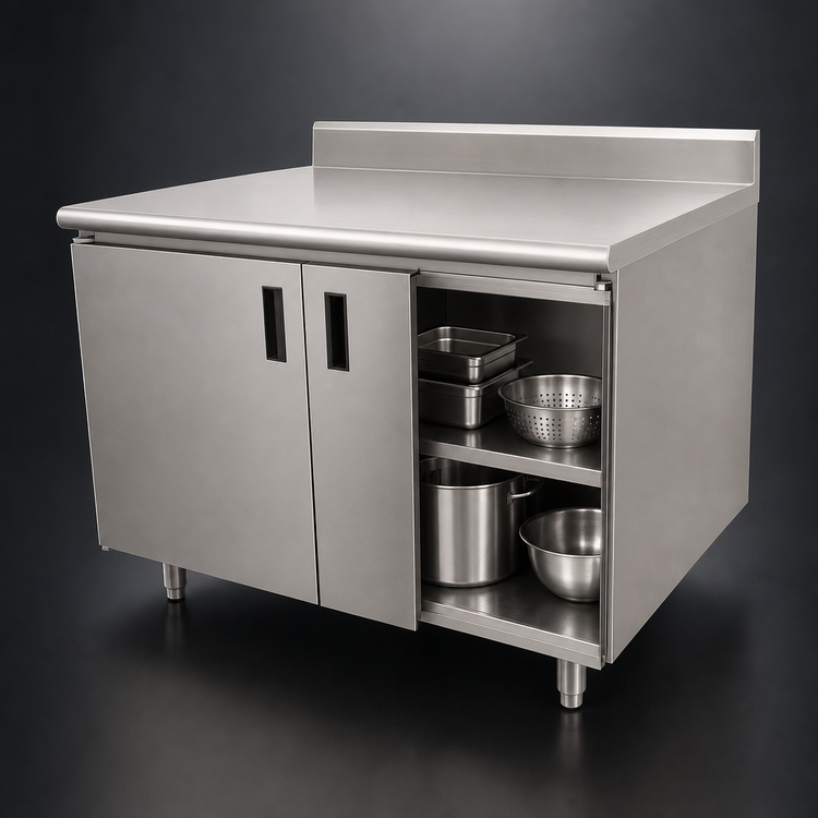 Product image #3 for Advance Tabco 72-Inch Enclosed Stainless Steel Work Table with Cabinet Base, Mid-Shelf, Hinged Doors, and 5-Inch Backsplash