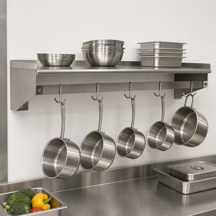 Product image #3 for Eagle Group Wall-Mounted Stainless Steel Pot Rack Shelf with 6 Hooks, 72 Inch W x 15 Inch D