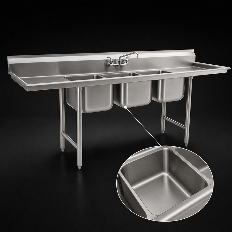 Product image #3 for Eagle Group 414 Series Coved-Corner Three-Compartment Sink with Dual 18-Inch Drainboards, 96-Inch Overall Length