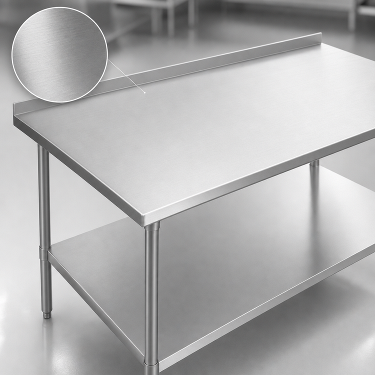 Product image #3 for John Boos Stallion 120"W x 30"D 16 Gauge 300 Series Stainless Steel Work Table with 1-1/2" Rear Up-Turn, Stallion Safety Edge, and Adjustable Undershelf