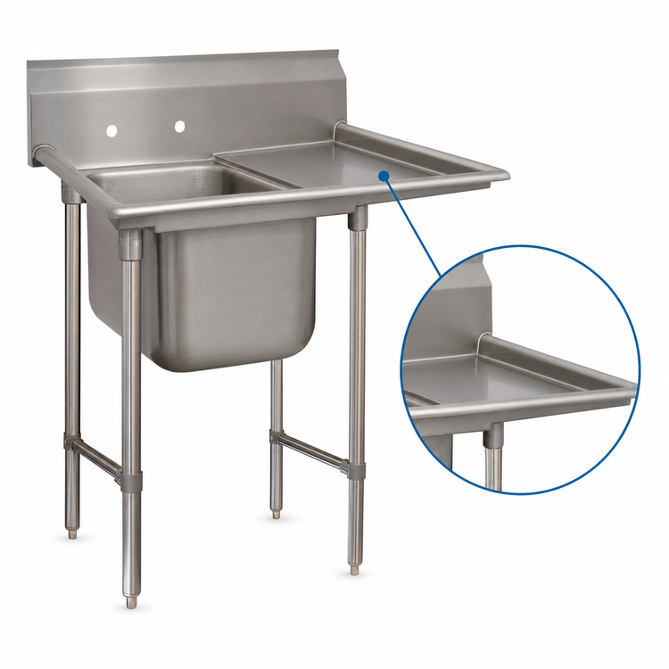 Product image #3 for Advance Tabco Special Value Regaline Commercial 1-Compartment Sink with Right-Hand Drainboard, 16 x 20 x 12-Inch Bowl, 18-Gauge 304 Stainless Steel