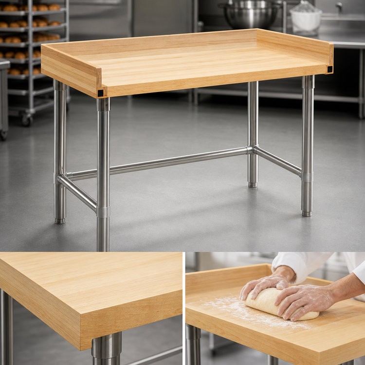 Product image #3 for 72" x 30" Baker's Top Hardwood Work Table with Stainless Steel Tubular Base and 4" Side & Rear Splash