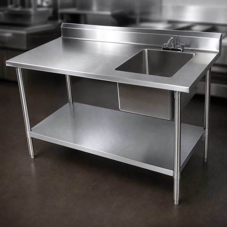 Product image #3 for 72-Inch 16-Gauge Stainless Steel Prep Table With Right Sink Bowl, 5-Inch Backsplash and Galvanized Undershelf