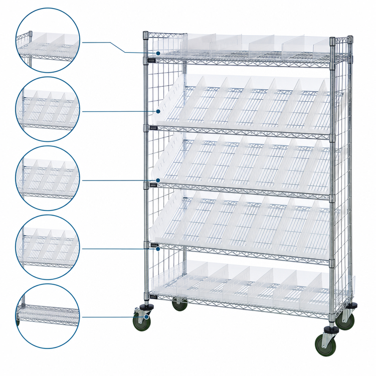 Product image #3 for Quantum Slanted Shelf Enclosure Cart with Clear Bins, 36 x 18 x 69 Inches, Chrome Plated Finish