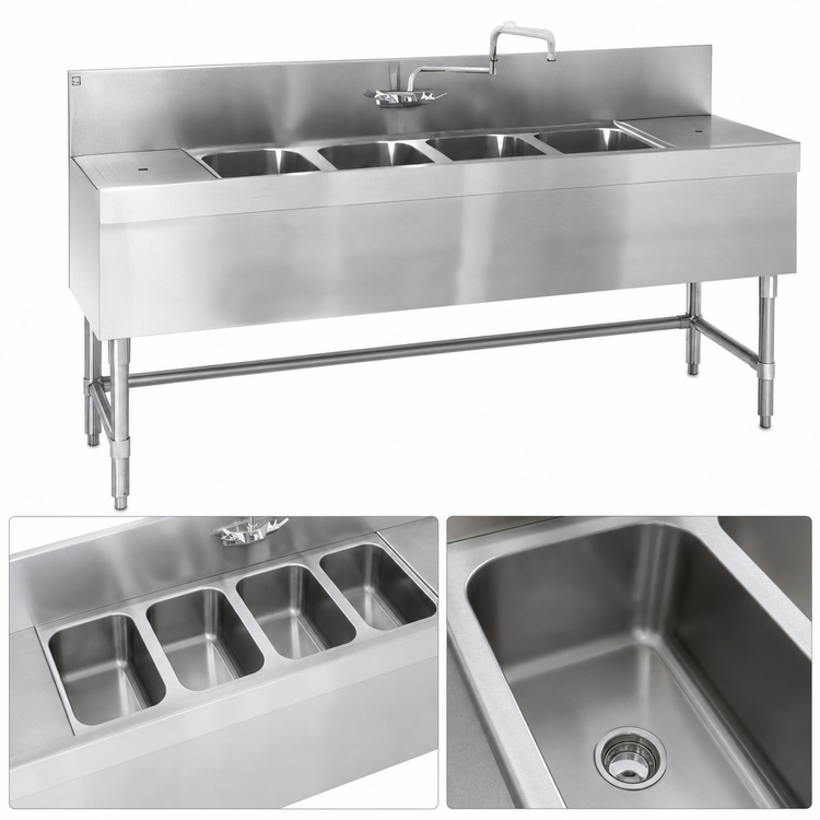 Product image #3 for Eagle Spec-Bar Four-Compartment Underbar Sink Unit with Left Drainboard, 60 x 19 x 37 Inches