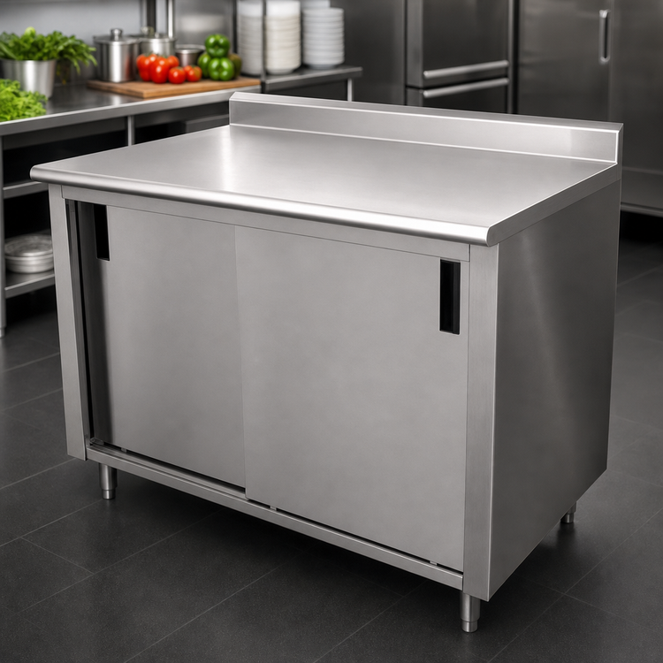 Product image #3 for Advance Tabco 84-Inch x 24-Inch Enclosed Work Table with Sliding-Door Cabinet Base and 14-Gauge 304 Stainless Steel Top