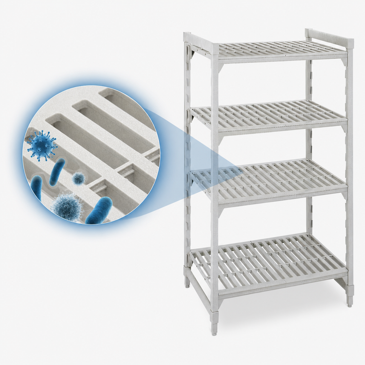 Product image #4 for Cambro Camshelving Premium 4-Shelf Vented Stationary Polymer Shelving Starter Unit, 18-Inch Deep x 48-Inch Long x 72-Inch High, Speckled Gray
