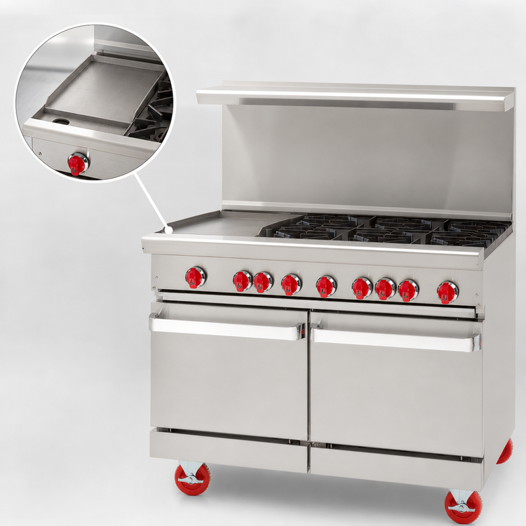 Product image #3 for American Range 48-Inch Gas Restaurant Range with 12-Inch Left Griddle, 6 Open Burners, and 2 Space Saver Ovens
