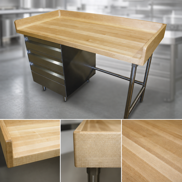 Product image #3 for Advance Tabco Bakers' Top Wood Work Table with Left 3-Drawer Section, Rear and Side Splash, 48 x 36 Inches
