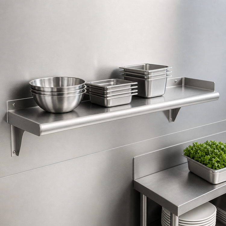 Product image #3 for Snap-n-Slide Commercial 48" W x 12" D Wall-Mounted Shelf, Rolled Front Edge, 14/304 Stainless Steel
