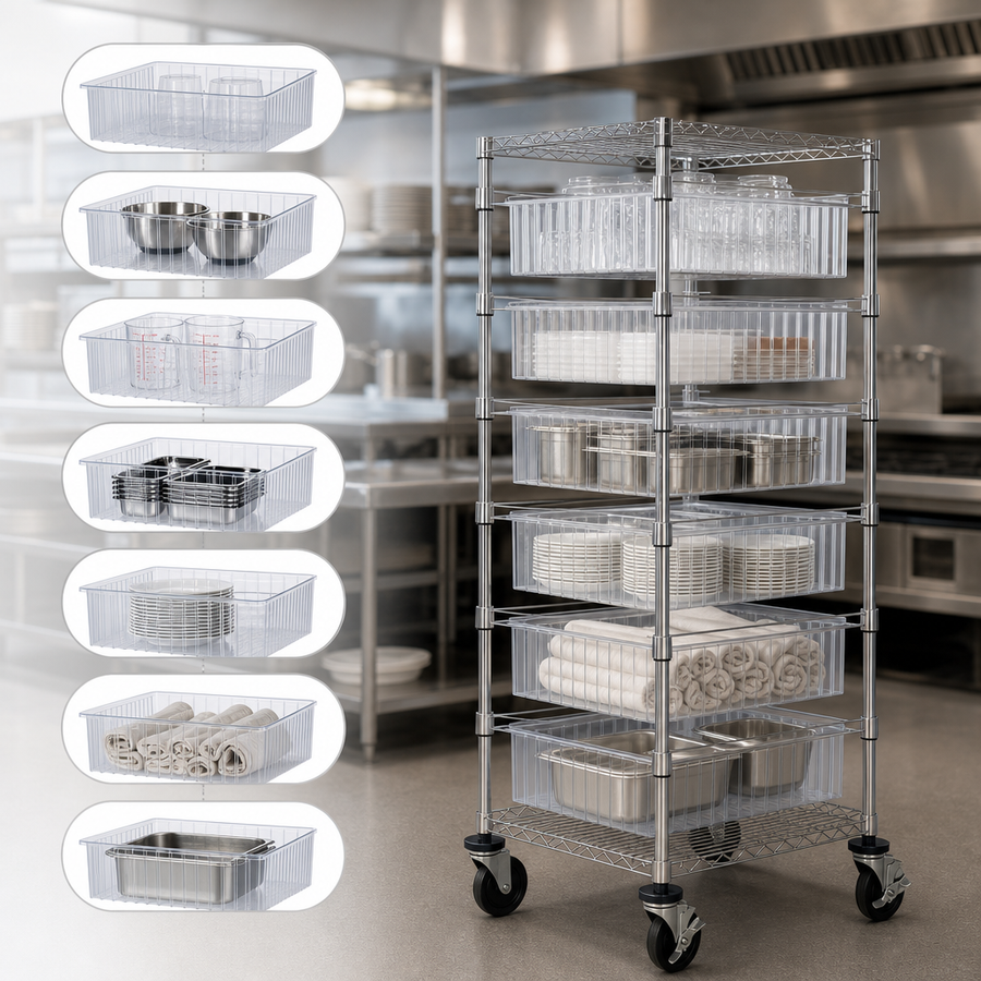 Seven Clear Bins Included