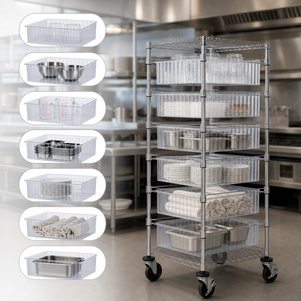 Seven Clear Bins Included