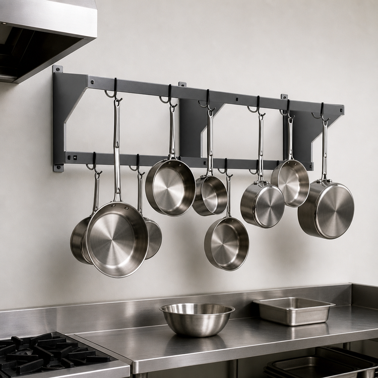 Product image #3 for Eagle Group WM96PR 96-Inch Wall-Mounted Stainless Steel Double-Bar Pot Rack with 16 Hooks