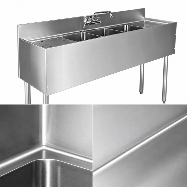 Product image #3 for Choice 48-Inch Three-Compartment Stainless Steel Underbar Sink Unit, 19-Inch Deep, Right Drainboard