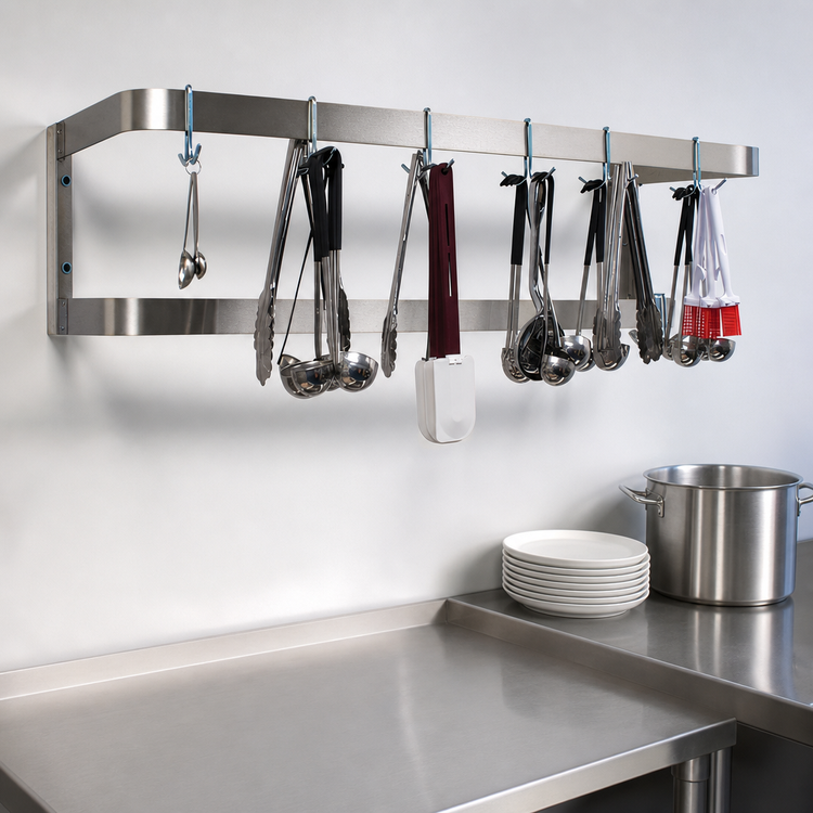 Product image #3 for Advance Tabco SW-84 Wall-Mounted Stainless Steel Double-Bar Pot Rack, 84 Inch, 18 Hooks