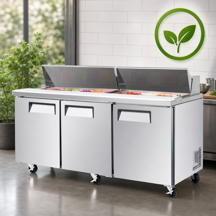 Product image #3 for Turbo Air E-Line Three Section Sandwich/Salad Refrigerated Prep Table, 72-5/8 Inch, 19 Cu. Ft., 3 Doors, Self-Contained