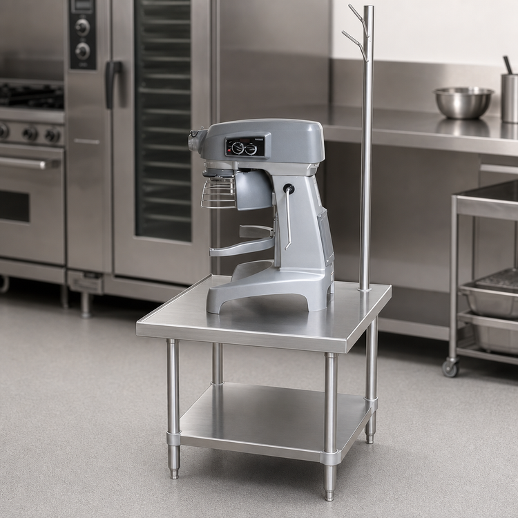 Product image #3 for Advance Tabco 30 Inch x 30 Inch Stainless Steel Equipment Stand with Utensil Rack and Adjustable Undershelf