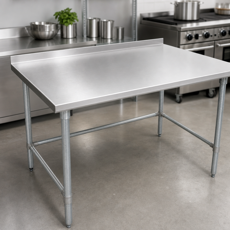 Product image #3 for John Boos Stallion 84" x 24" 14-Gauge 300 Series Stainless Steel Work Table with 1-1/2" Rear Up-Turn and Galvanized Open Base