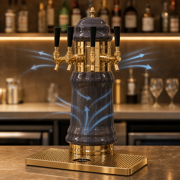 Product image #3 for Glastender Rembrandt 3-Faucet Air-Cooled Countertop Draft Dispensing Tower with Surface-Mount Drain Pan, Polished Brass Finish