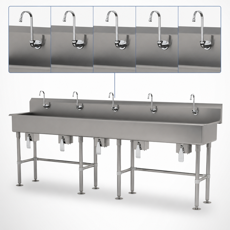 Product image #3 for Advance Tabco 5-Station Freestanding Knee-Operated Hand Wash Sink, 100-Inch Wide, 14-Gauge 304 Stainless Steel