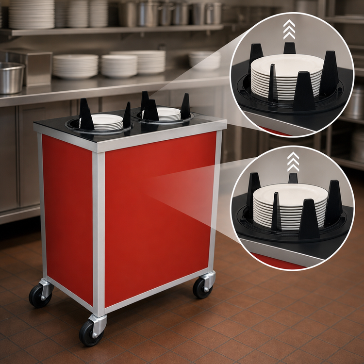 Product image #3 for Atlas Metal Mobile Enclosed Unheated Plate Dispenser with 2 Self-Elevating Tubes, 10-12 Inch Round Plate Capacity