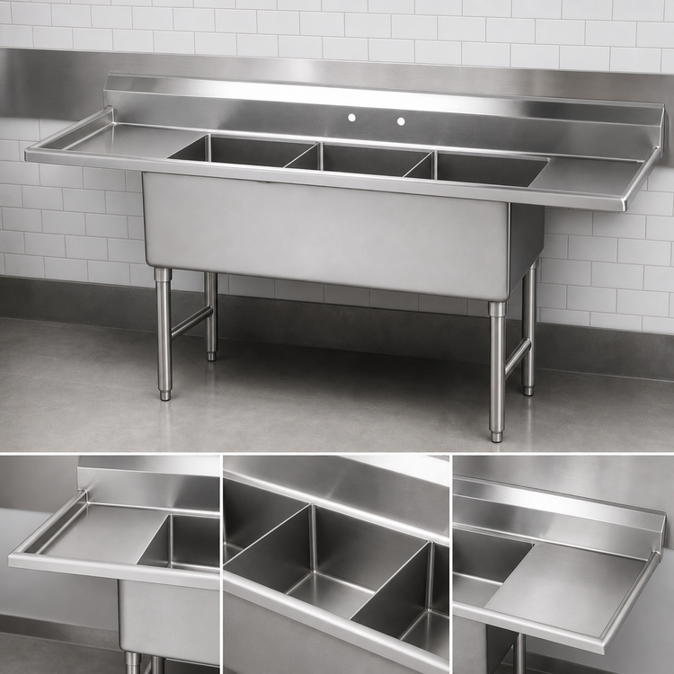 Product image #3 for Advance Tabco 3-Compartment Fabricated Sink with Left and Right Drainboards, 108-Inch, 304 Stainless Steel