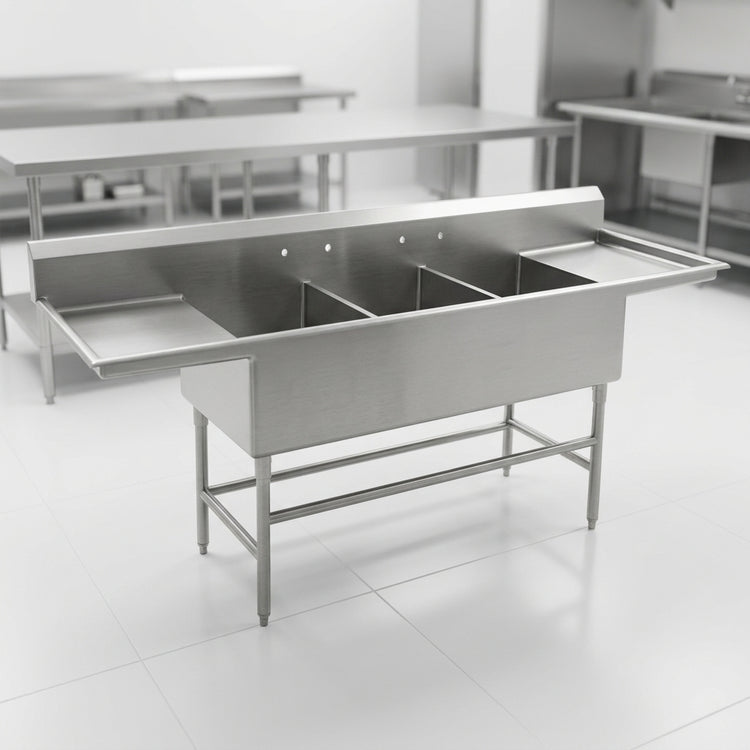 Product image #2 for Eagle Group Spec-Master FFN2754-3-30-14/3 3-Compartment Flush Front Stainless Steel Commercial Sink with 30-Inch Drainboards