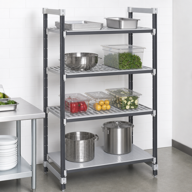 Product image #3 for Cambro Camshelving Elements XTRA 18"W x 60"L x 72"H 4-Tier Stationary Starter Unit, 3 Vented + 1 Solid Shelves, Speckled Gray