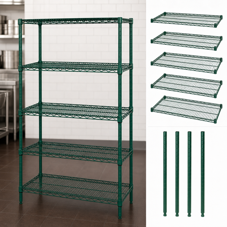 Product image #3 for Quantum 42 x 18 x 63 Inch Stationary Wire Shelving Starter Kit with 5 Shelves, Green Epoxy Antimicrobial Finish