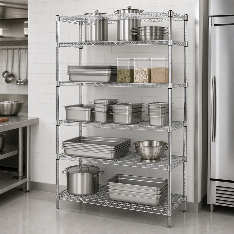 Product image #3 for Quantum Stationary Wire Shelving Starter Kit, 42 x 18 x 54 Inches, 5 Shelves, Chrome-Plated, 600-800 lb. Capacity